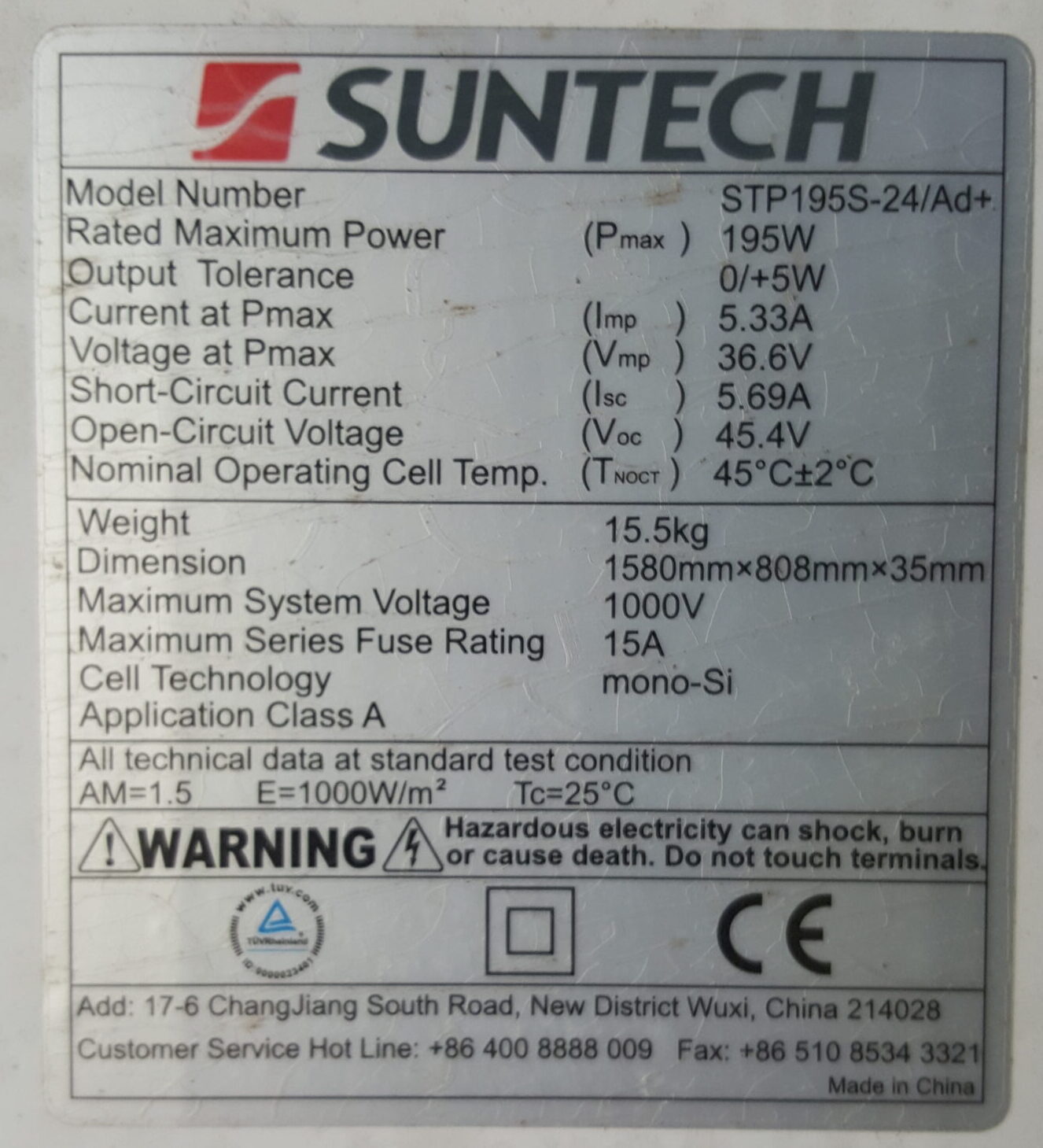 Suntech 195W Mono Solar Panel (used/cleaned/assessed) Voc 45.4 Isc 5.69 1580x808x35mm Silver Frame