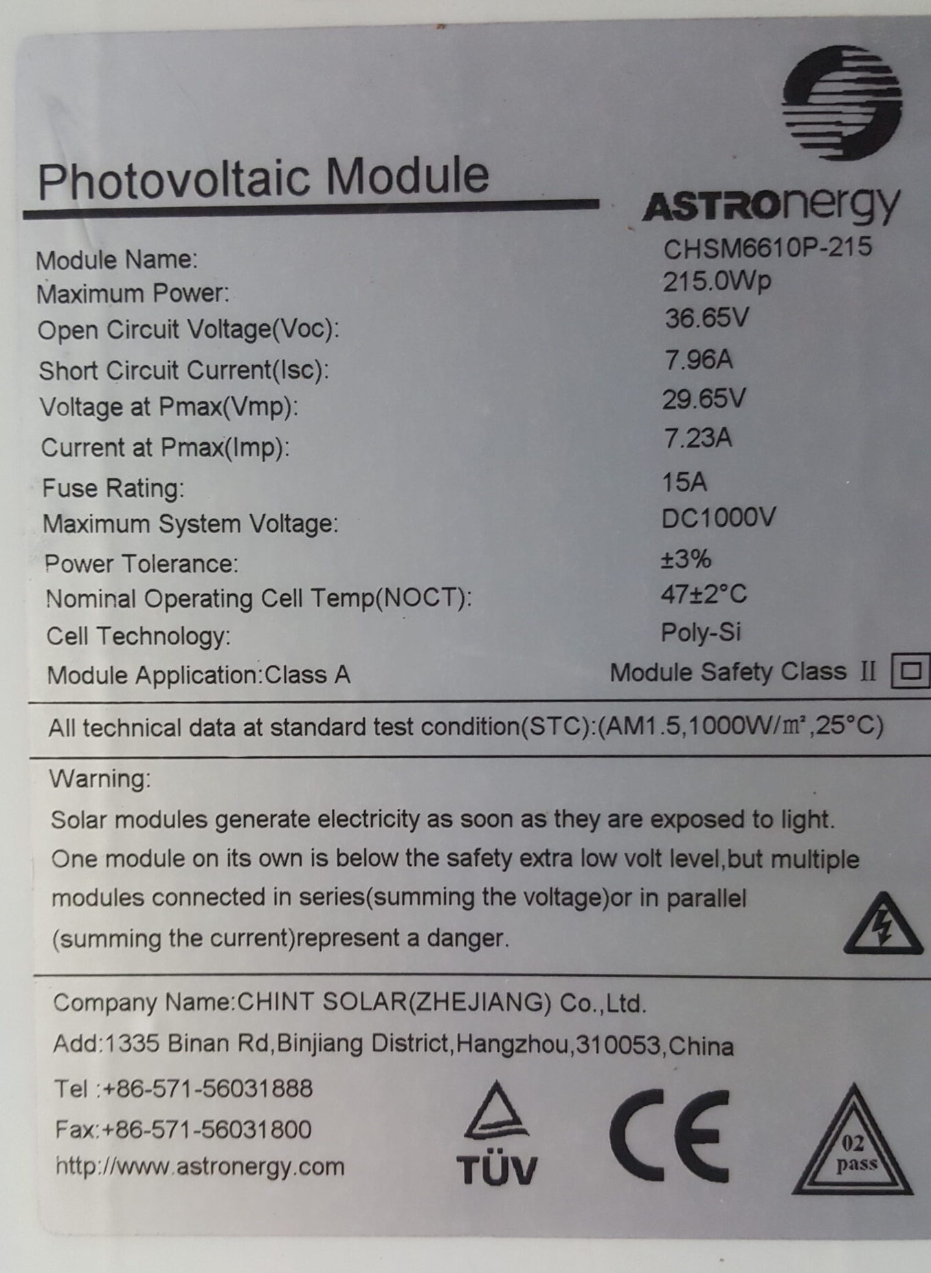 Astronergy 215W Poly Solar Panel (used/cleaned/assessed) Voc 36.65 Vmp 29.65 Isc 7.96 Imp 7.23 1652x994x45mm Silver Frame