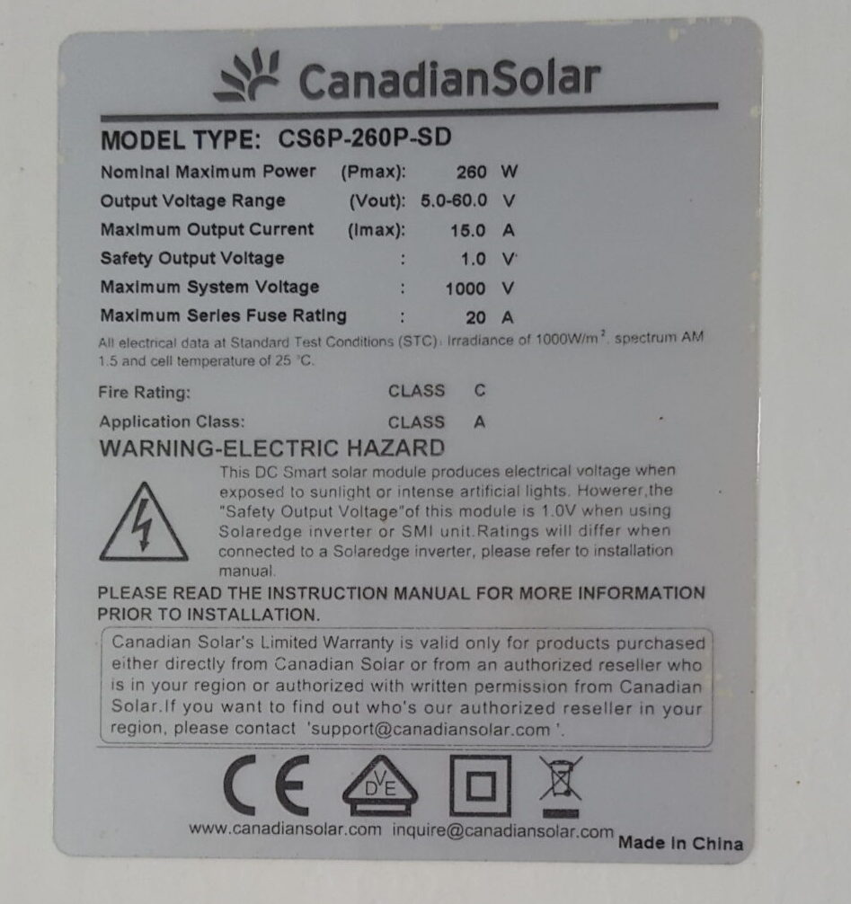 Canadian 260W Poly Solar Panel  (used/cleaned/assessed)  Voc 37.5 1638x982x40mm Silver Frame