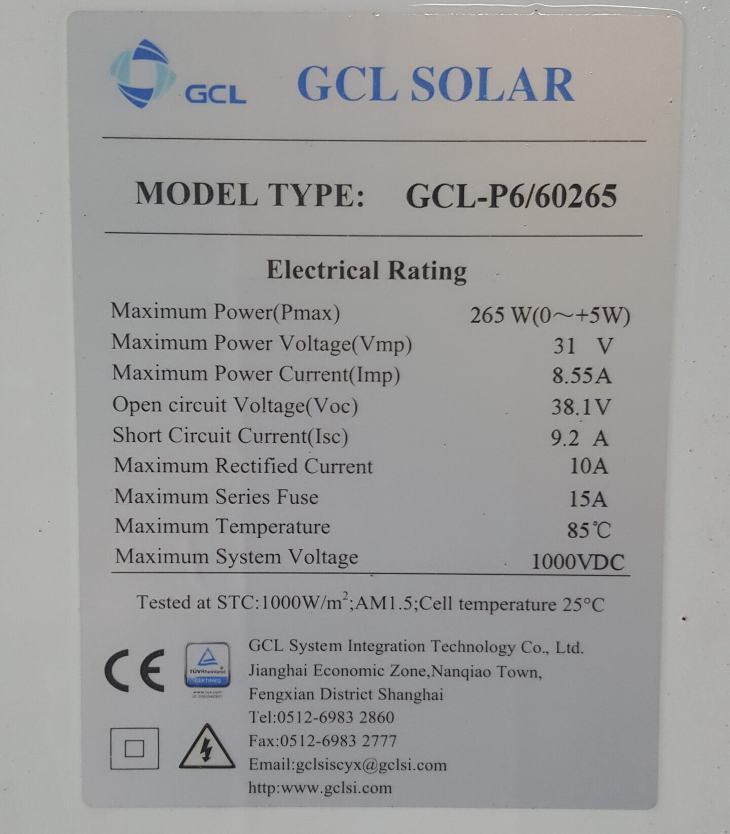 GCL 265W Poly Solar Panel (used/cleaned/assessed) Voc 38.1 Vmp 31.0 Isc 9.2 Imp 8.55 1640x992x40mm Silver Frame