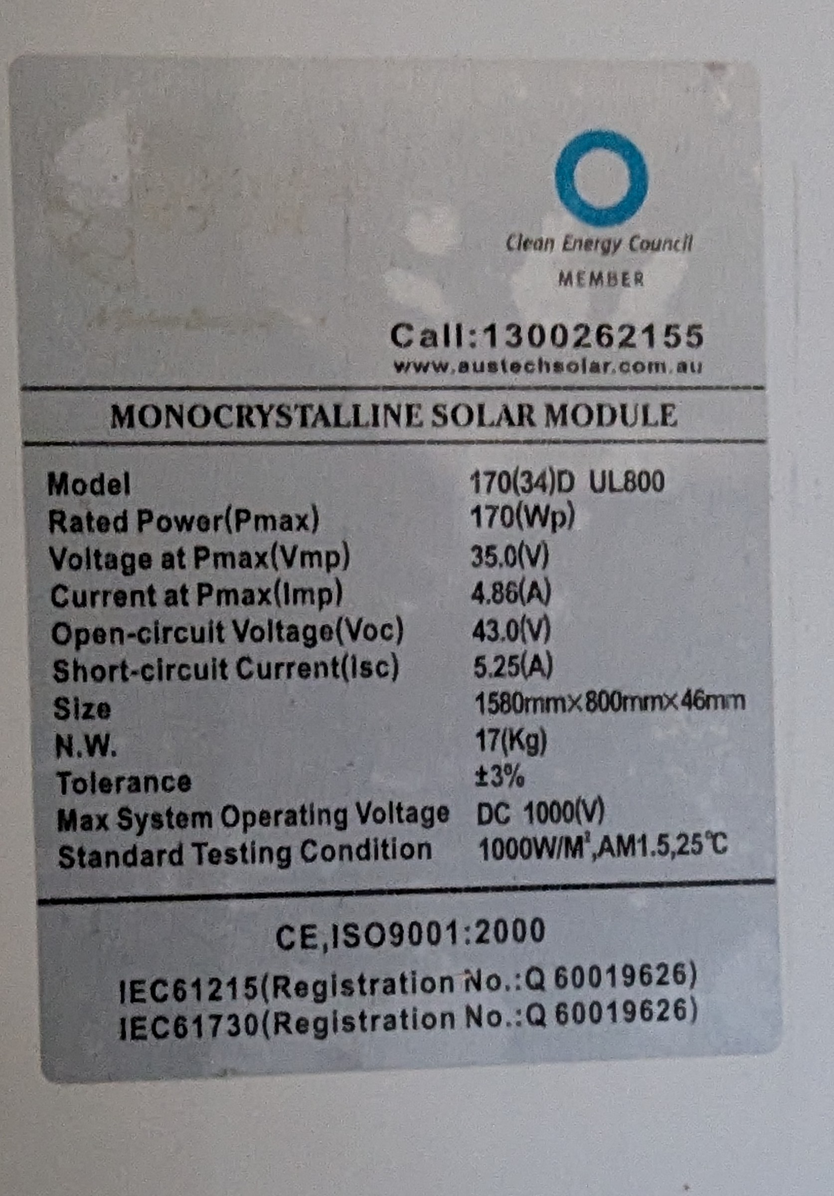 Austech 170W Mono Solar Panel (used/cleaned/assessed) Voc 43.0 Vmp 35.0 Isc 5.25 Imp 4.86 1580x800x46mm Silver Frame  (this model panel often has discoloured back-sheets, this is cosmetic and does not effect the output).