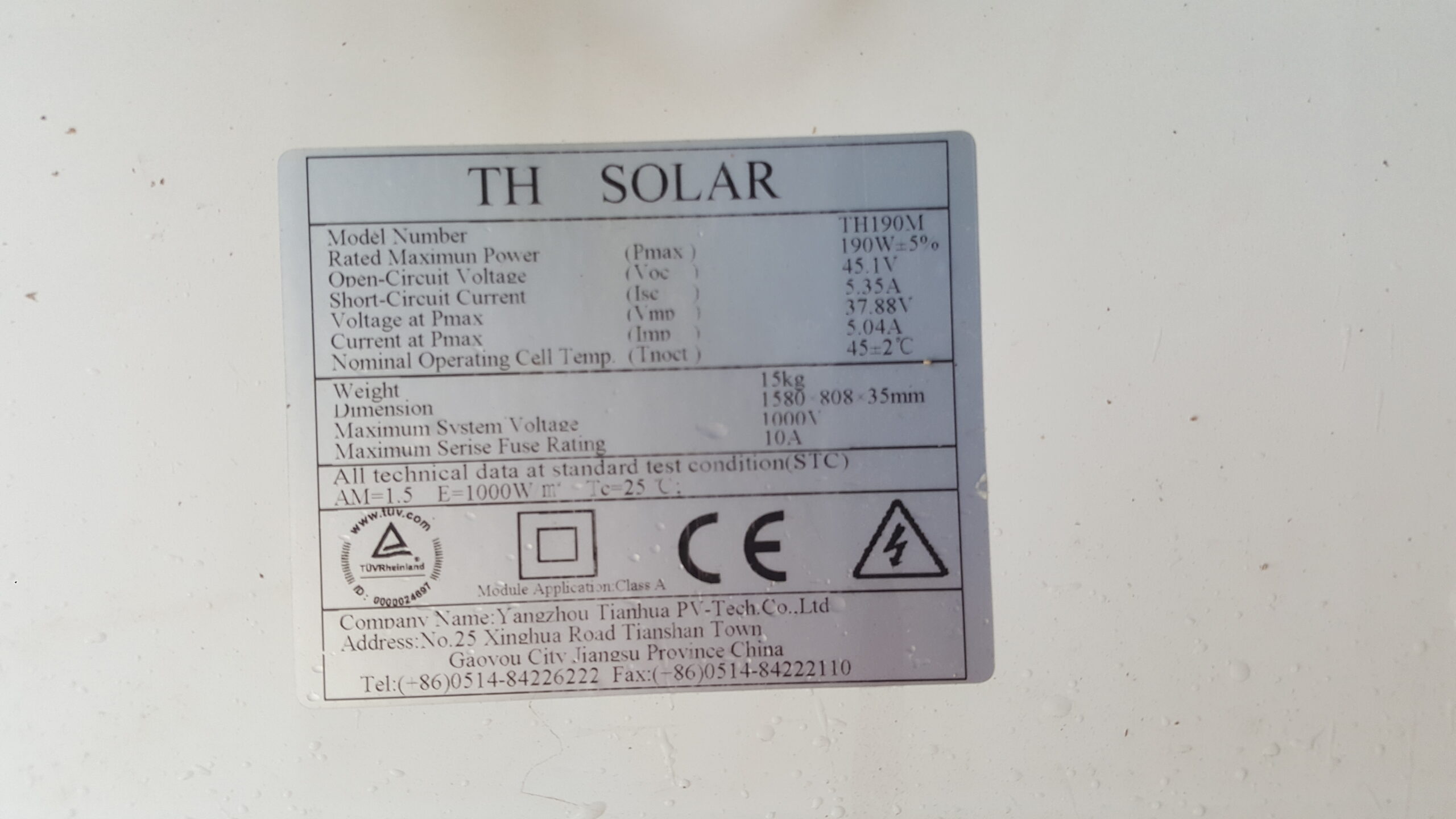 Tianhua (TH Solar) 190W Mono Solar Panel (used/cleaned/assessed) Voc 45.1 Vmp 37.88 Isc 5.35 Imp 5.04 1580x808x35mm Silver Frame