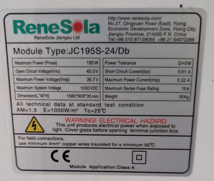 Renesolar 195W Mono Solar Panel (used/cleaned/assessed) Voc 45.0 Isc 5.61 1580x808x35mm Silver Frame