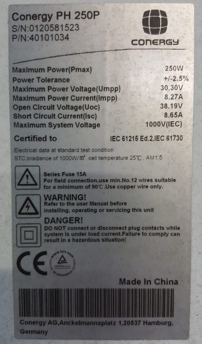 Conergy 250W Poly Solar Panel (used/cleaned/assessed) Voc 38.19 Vmp 30.30 Isc 8.65 Imp 8.27 1652x994x40mm Silver Frame