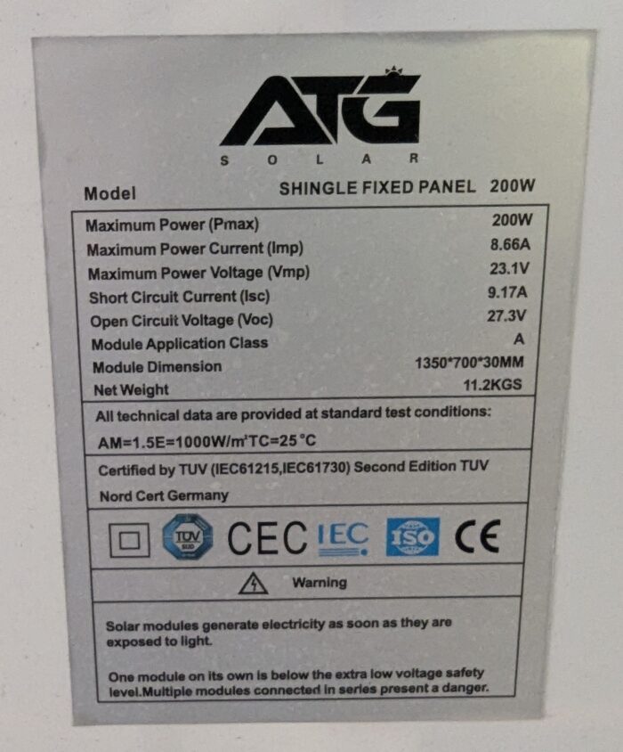 ATG Solar 200W Mono Solar Panel (used/cleaned/assessed) Voc 27.3 Vmp 23.1 Isc 9.17 Imp 8.66 1350x700x30mm Silver Frame