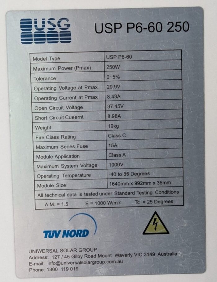 USG 250W Poly Solar Panel (used/cleaned/assessed) Voc 37.45 Vmp 29.9 Isc 8.98 Imp 8.43 1640x992x35mm Silver Frame