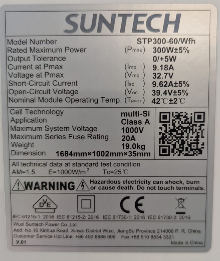 Suntech 300W Poly Solar Panel (used/cleaned/assessed) Voc 39.4 Vmp 32.7 Isc 9.62 Imp 9.18 1684x1002x35mm Silver Frame